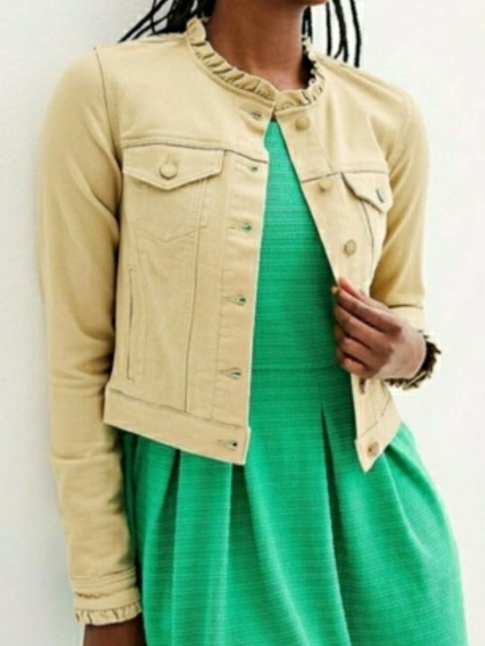 Draper James RSVP Tan Ruffle Denim Jacket XS Beige Neutral